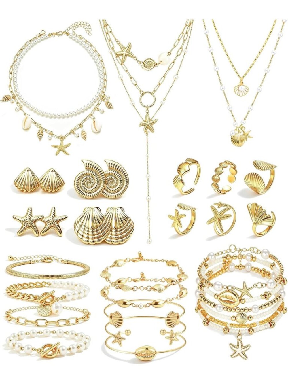 33 Pcs Seashell & Starfish Jewelry Set for Women - Gold Ocean-Inspired
